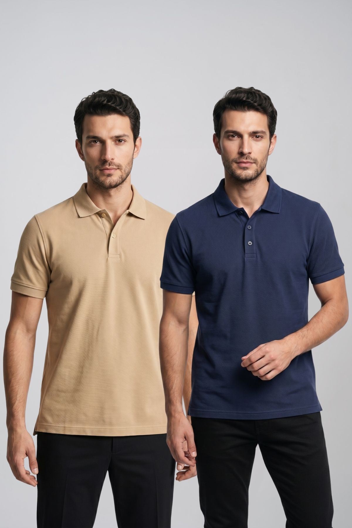 2'li Set Erkek Günlük Şık Polo Yaka Kısa Kollu Düğme Tişört