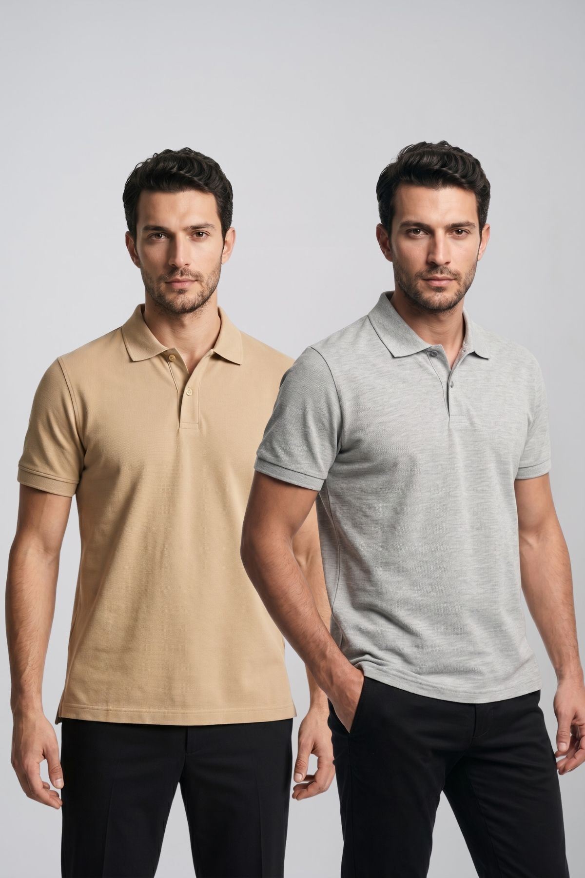 2'li Set Erkek Günlük Şık Polo Yaka Kısa Kollu Düğme Tişört