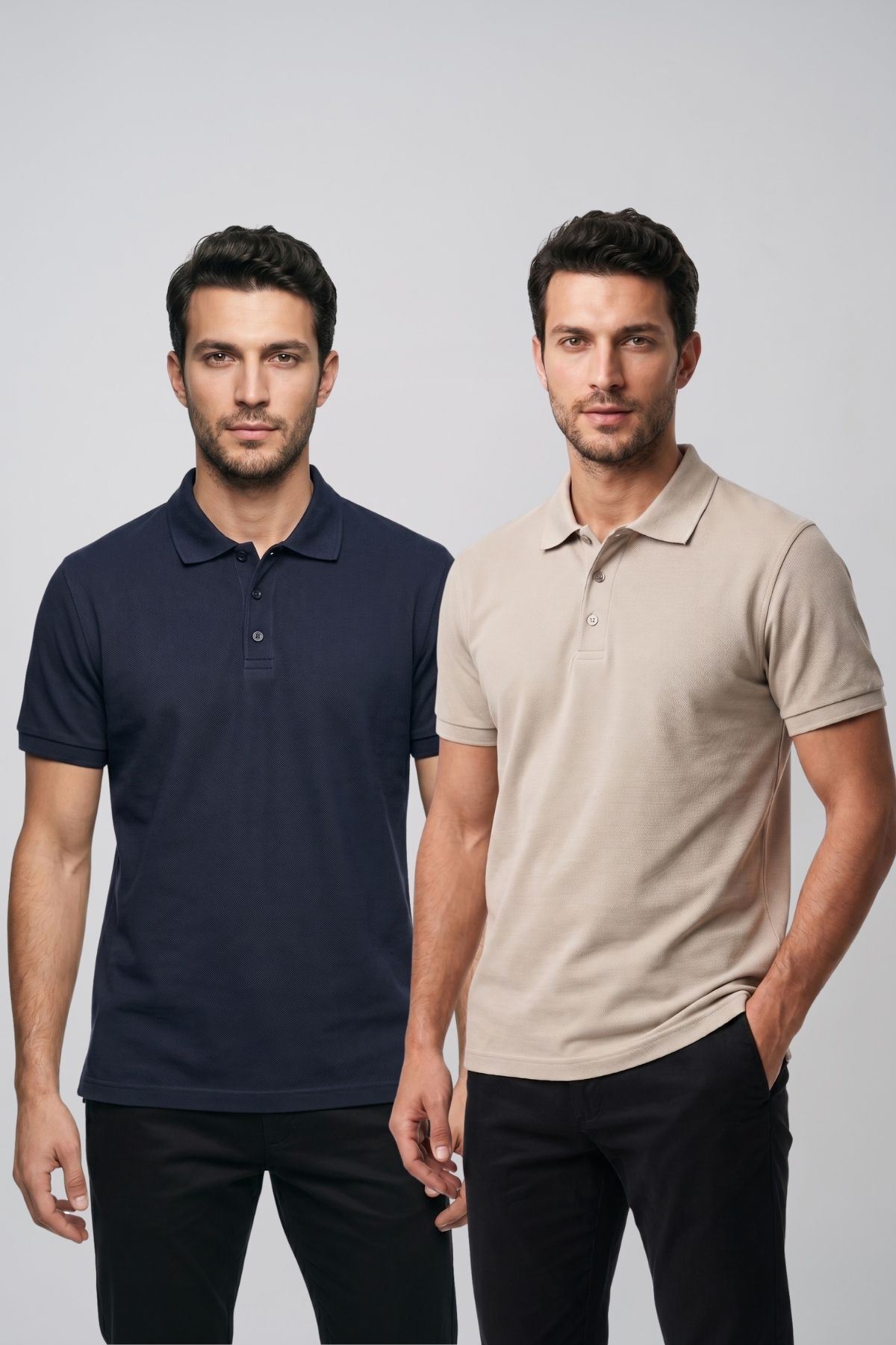 2'li Set Erkek Günlük Şık Polo Yaka Kısa Kollu Düğme Tişört