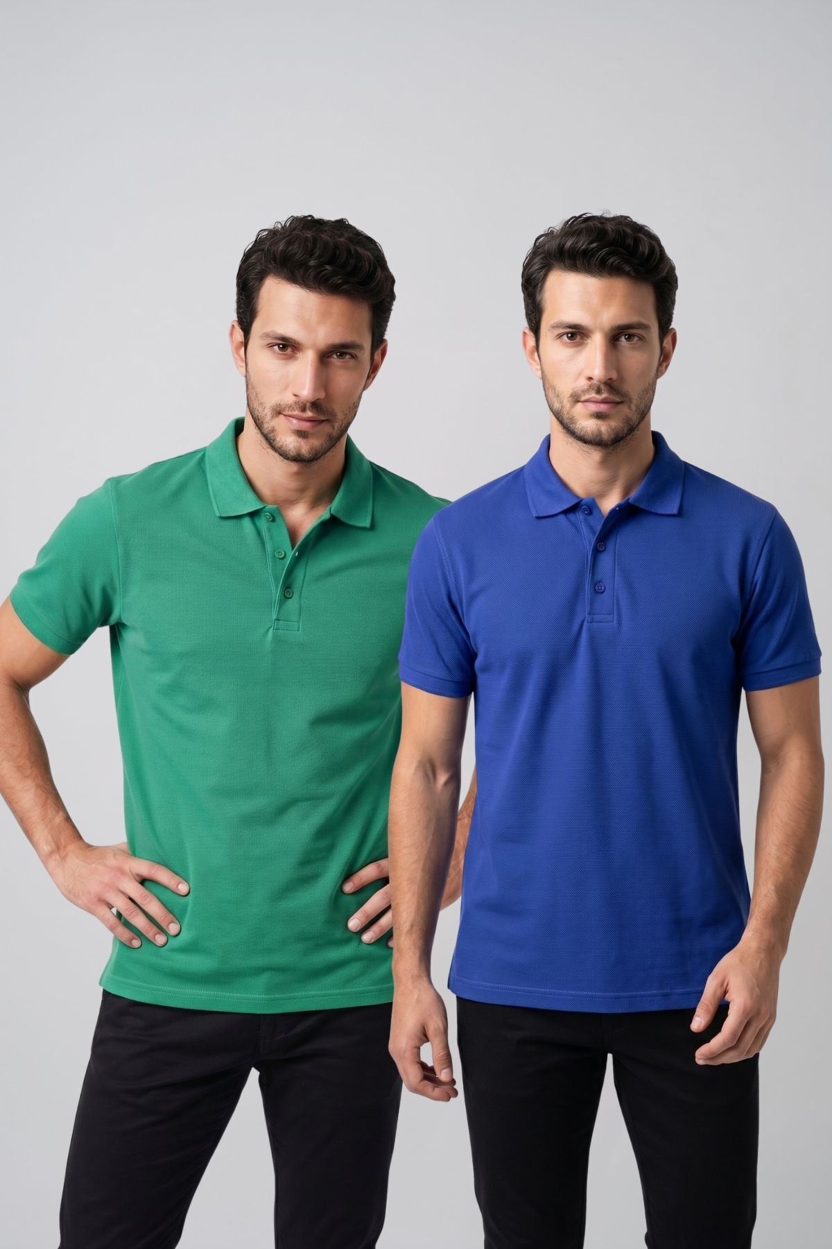 2'li Set Erkek Günlük Şık Polo Yaka Kısa Kollu Düğme Tişört