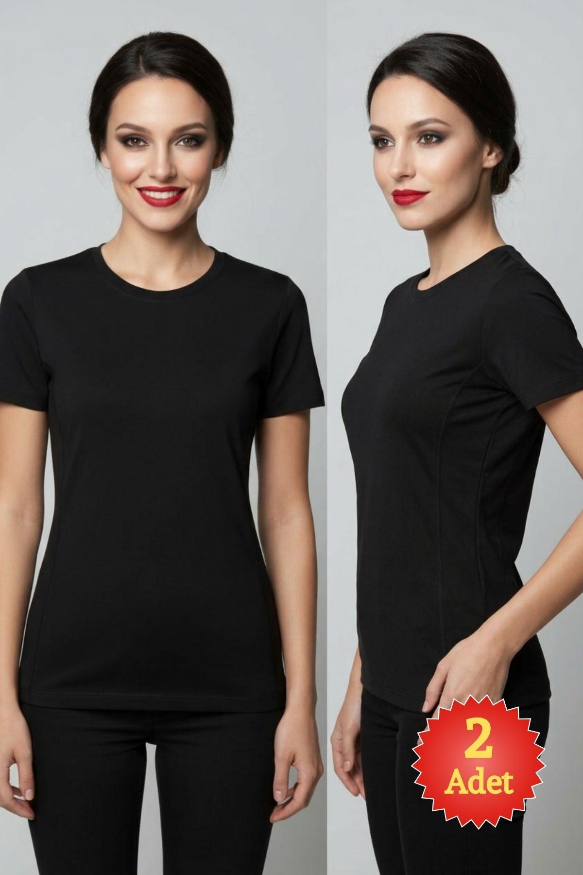 Kadın 2'li Paket Basic Kısa Kollu Bisiklet Yaka Pamuklu Tişört Seti