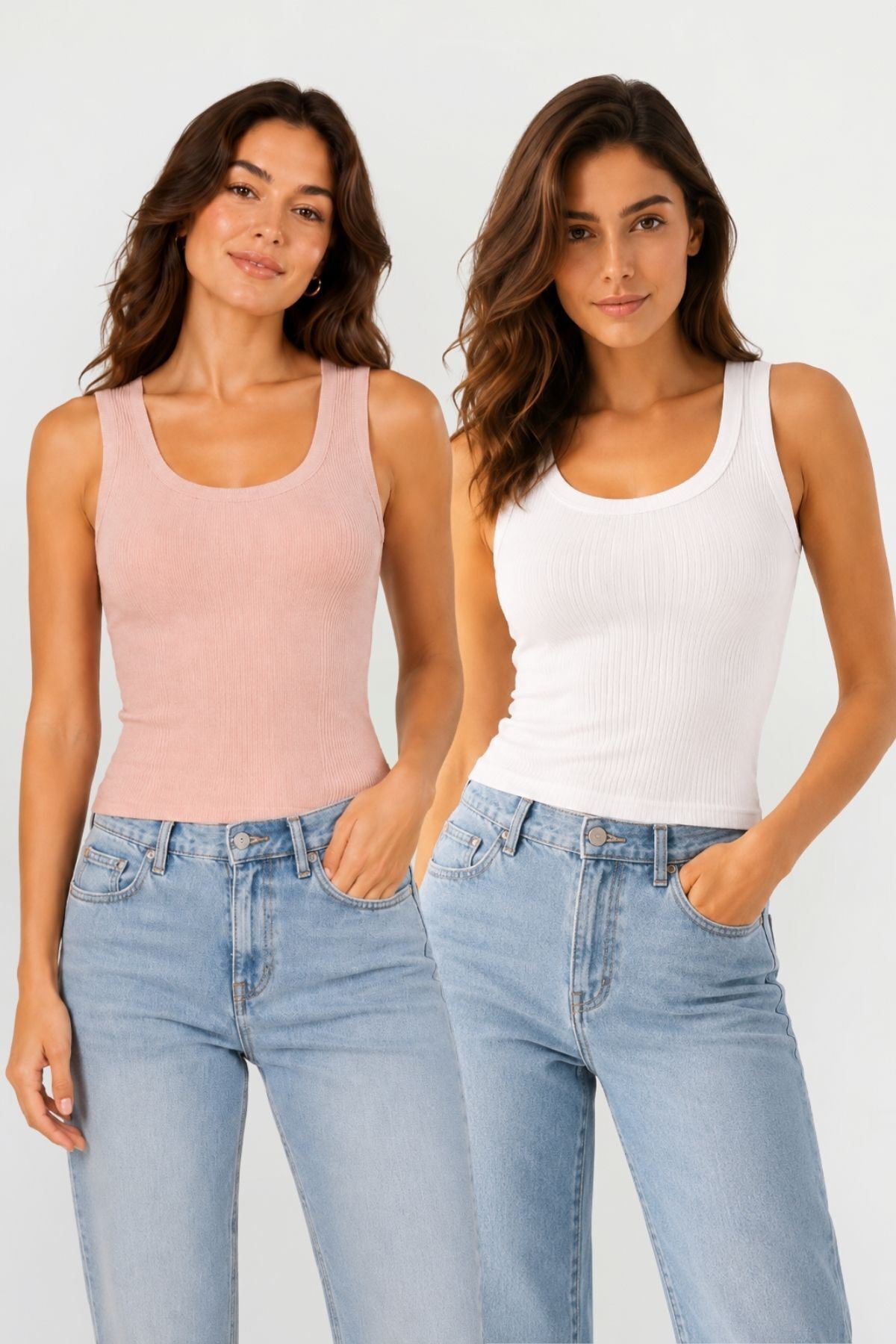 2'li Set Kadın U Yaka Kalın Askılı Penye Kaşkorse Atlet
