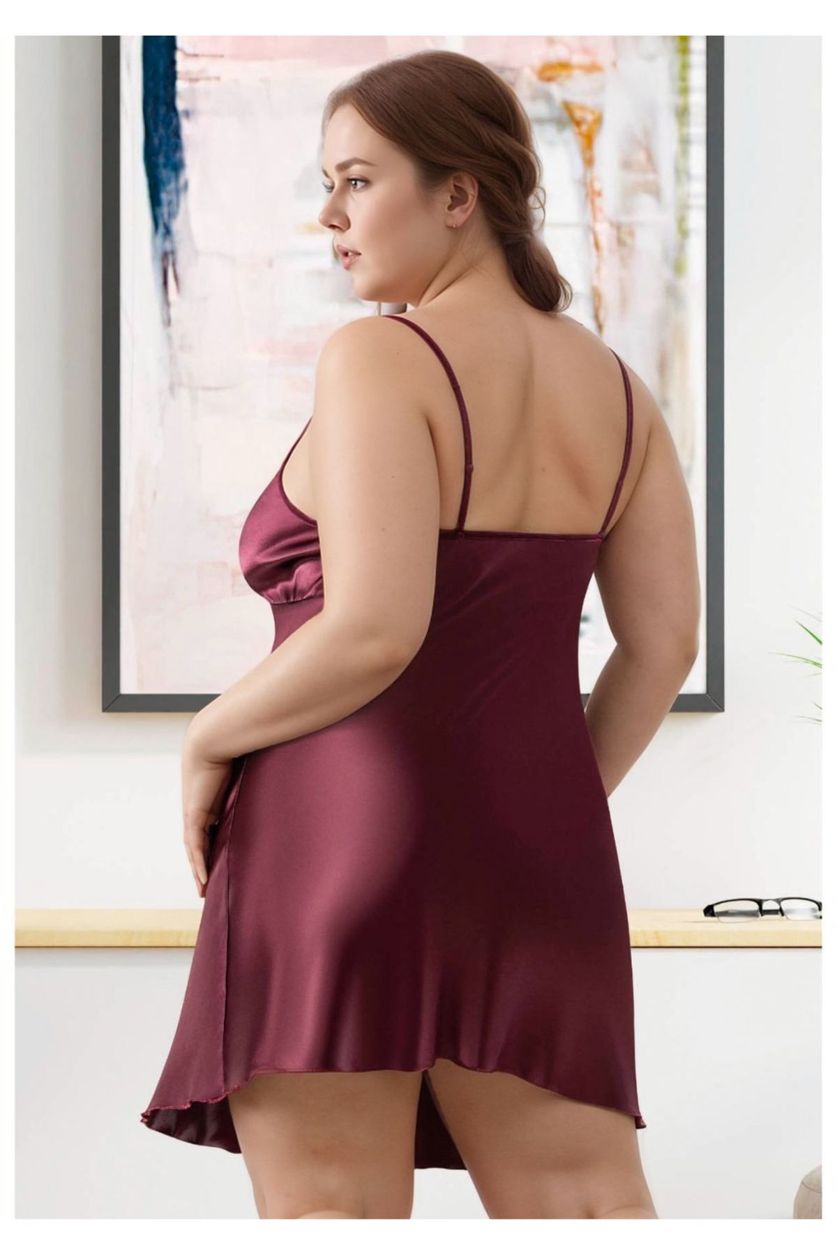 Kadın Mürdüm Büyük Beden Saten Gecelik Şık