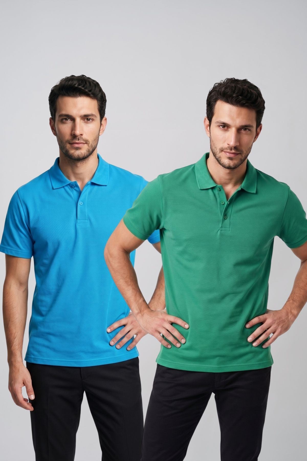 2'li Set Erkek Günlük Şık Polo Yaka Kısa Kollu Düğme Tişört