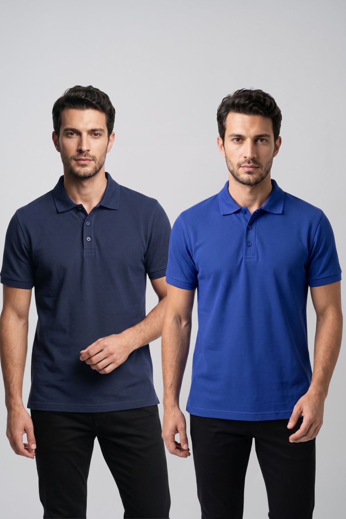 2'li Set Erkek Günlük Şık Polo Yaka Kısa Kollu Düğme Tişört