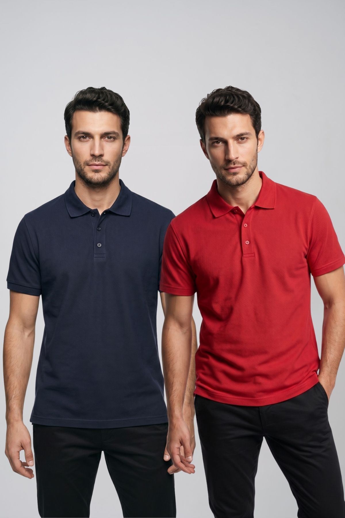 2'li Set Erkek Günlük Şık Polo Yaka Kısa Kollu Düğme Tişört