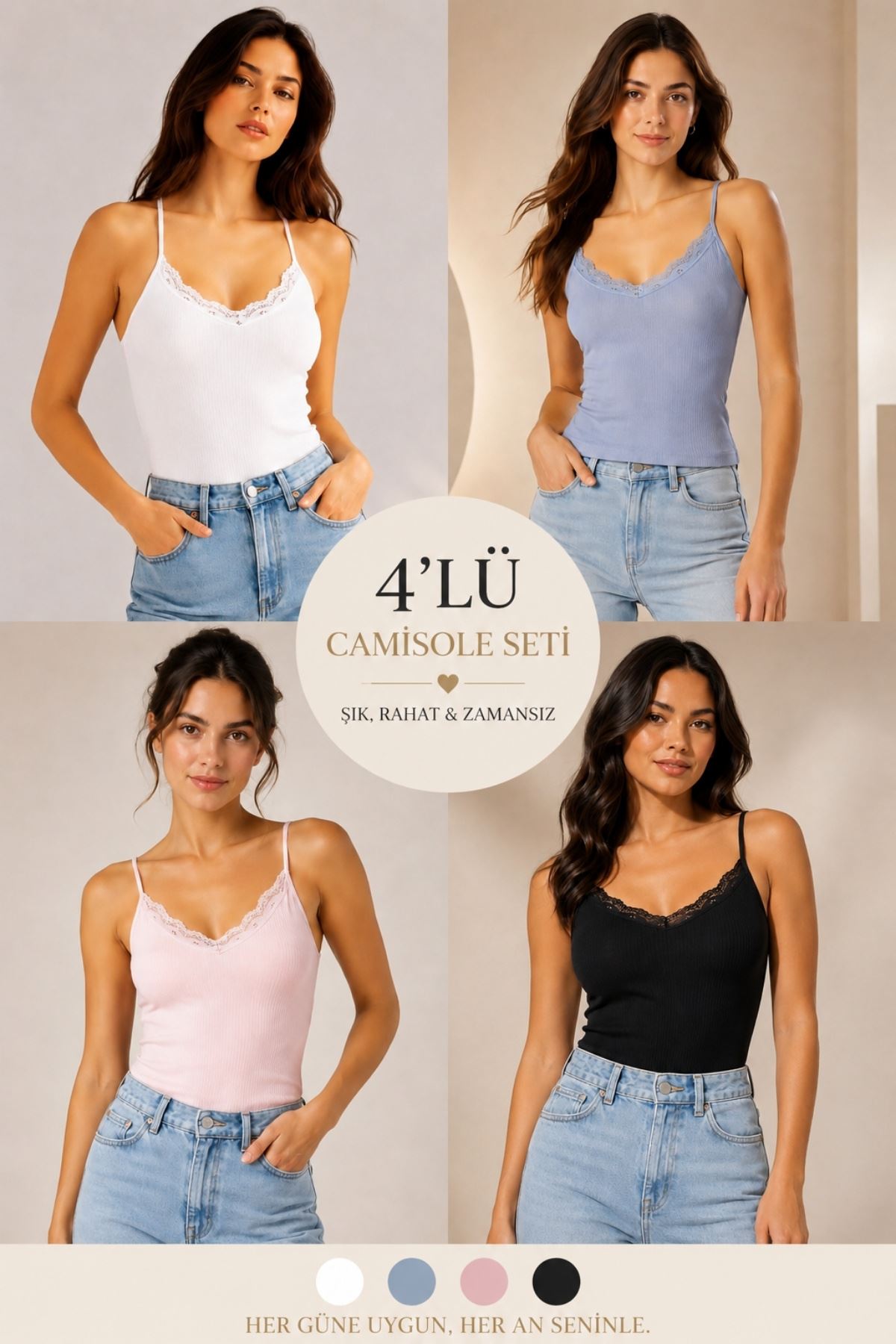 4'lü Paket Kadın Pamuklu İnce Askılı Dantel Detaylı Atlet