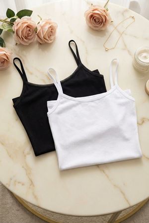 2'li Paket İnce Askılı Tül Biyeli Kadın Bambu body - SİYAH/BEYAZ