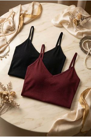 2'li Paket Kadın V Yaka İnce Askılı Pamuklu Body - SİYAH/BORDO