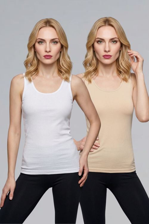 2'li Paket Kadın Doğal Bambu Kalın Askılı Body -BEYAZ-TEN 
