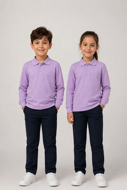 Çocuk Unisex Lila Renk 2'li Set Pamuklu Polo Yaka Düğmeli Tişört - Hem Uzun Hem Kısa Kollu Okul ve Günlük Giyim Rahat Kalıp Basic T-shirt