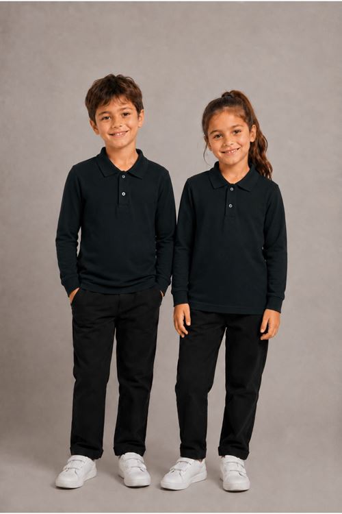 Unisex Çocuk Gri Melanj Uzun Kollu Polo Yaka Düz Basic Tişört - Rahat Pamuklu Kumaş Günlük ve Okul Kullanımına Uygun