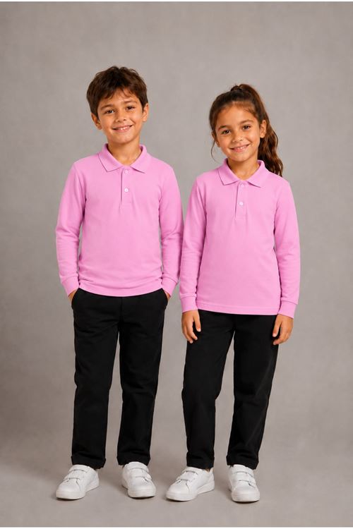 Unisex Çocuk Gri Melanj Uzun Kollu Polo Yaka Düz Basic Tişört - Rahat Pamuklu Kumaş Günlük ve Okul Kullanımına Uygun