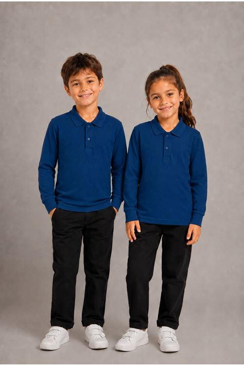Unisex Çocuk Gri Melanj Uzun Kollu Polo Yaka Düz Basic Tişört - Rahat Pamuklu Kumaş Günlük ve Okul Kullanımına Uygun