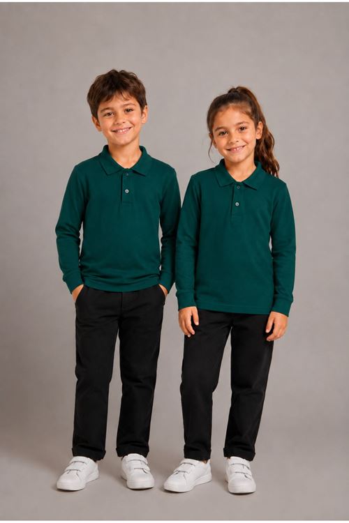 Unisex Çocuk Gri Melanj Uzun Kollu Polo Yaka Düz Basic Tişört - Rahat Pamuklu Kumaş Günlük ve Okul Kullanımına Uygun