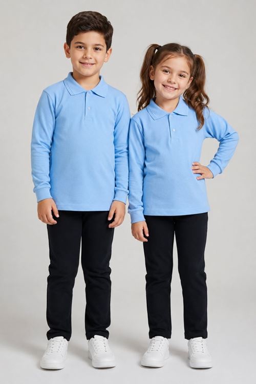 Unisex Çocuk Gri Melanj Uzun Kollu Polo Yaka Düz Renk Basic Tişört - Rahat Pamuklu Kumaş Günlük ve Okul Kullanımına Uygun