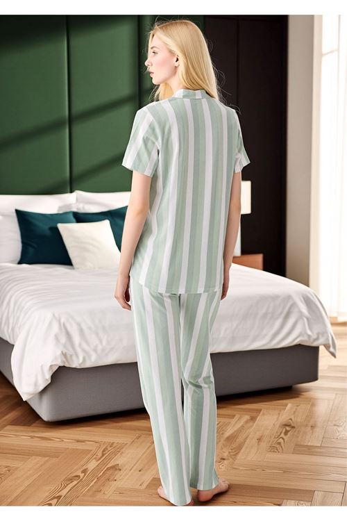 Kadın Su Yeşili Çizgili Düğmeli Pijama Takımı - Gömlek Yaka Pamuklu Ev Giyimi