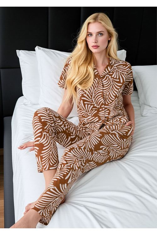 Kadın Yaprak Desenli Gömlek Yaka Pijama Takımı - Düğmeli Pamuklu Ev Giyim Seti