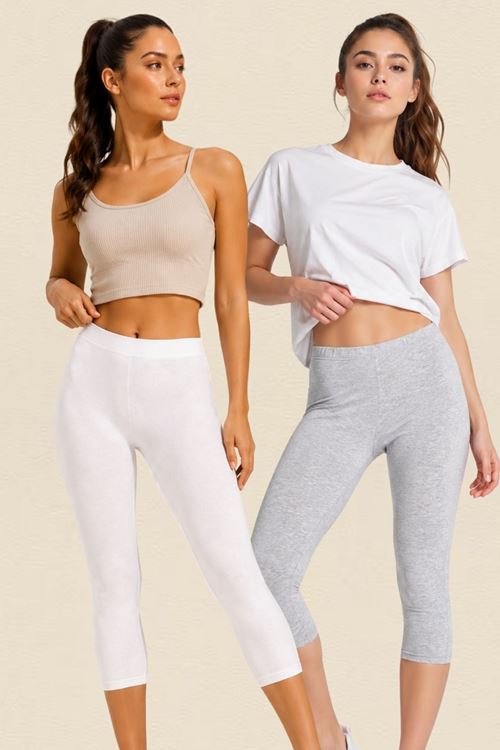 2'li Avantajlı Kadın Pamuklu Kapri Tayt Esnek Yüksek Bel Diz Altı Kısa Tayt Günlük Spor Pilates Ev Giyimi Terletmez Toparlayıcı Rahat Basic 2'li Tayt Seti Battal Boy Seçenekli