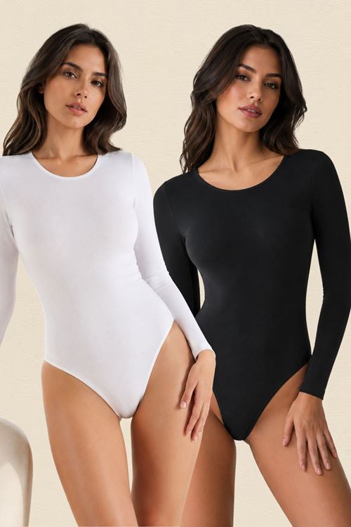 2'li Paket Kadın Pamuklu Uzun Kollu Bisiklet Yaka Alttan Kopçalı Çıtçıtlı Badi Günlük Esnek Rahat Avantajlı Body Seti