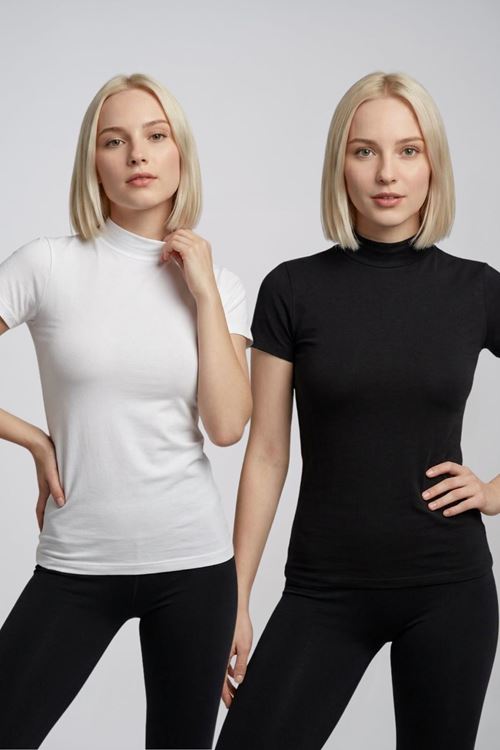 Kadın 2'li Paket Siyah Beyaz Pamuklu Yarım Balıkçı Yaka Kısa Kollu Basic Tişört Esnek Dik Yaka Likralı T-Shirt