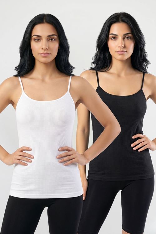 2'li Paket Kadın %95 Pamuklu İp Askılı Ribana Atlet Esnek Nefes Alan Kumaş Günlük Basic İç Giyim Vücudu Saran Kaşkorse Tarzı İkili Set