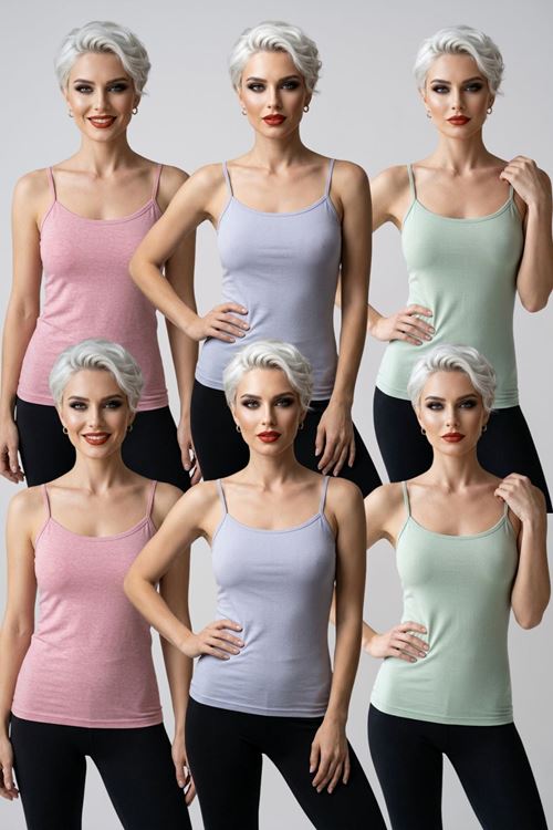 6'lı Mega Paket Kadın İnce İp Askılı Pamuklu Atlet Ekstra Biyeli U Yaka Esnek Rahat Günlük Basic İç Giyim Büyük Beden