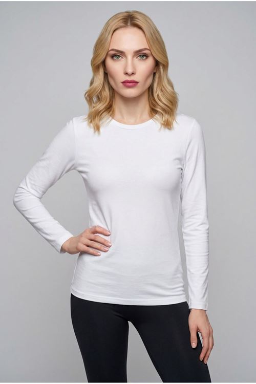 Kadın Uzun Kollu Bisiklet Yaka Pamuklu Likralı Esnek Body Bluz Rahat Kesim Günlük Basic Tişört İçlik