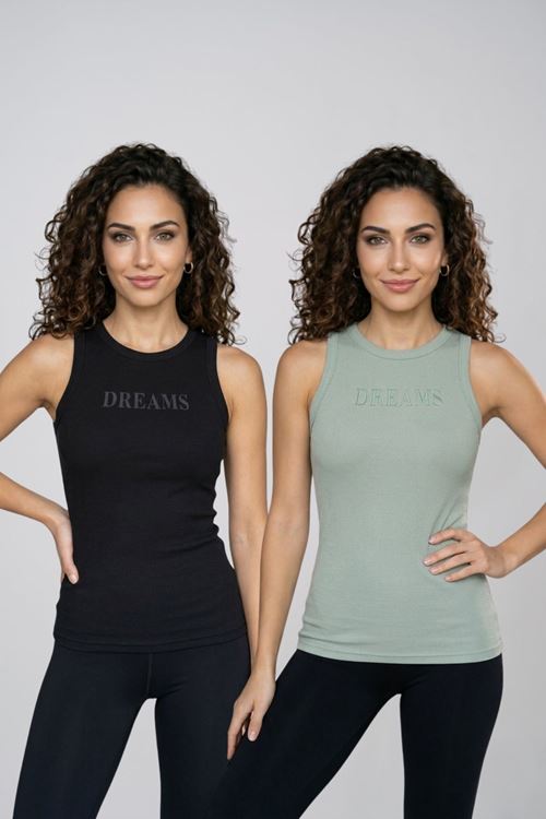 Kadın 2'li Paket Pamuklu Kaşkorse Kalın Askılı Bisiklet Yaka Önü Yazı Baskılı Esnek Dar Kesim Slim Fit Spor ve Günlük Atlet Seti