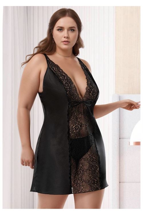 Kadın Siyah Büyük Beden Saten Gecelik - Transparan Güpürlü Plus Size Ev Giyimi