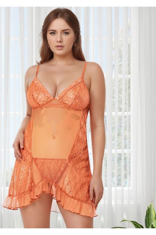 Kadın Tarçın Büyük Beden Dantel Gecelik - Volan Etekli Plus Size Fantezi Ev Giyimi