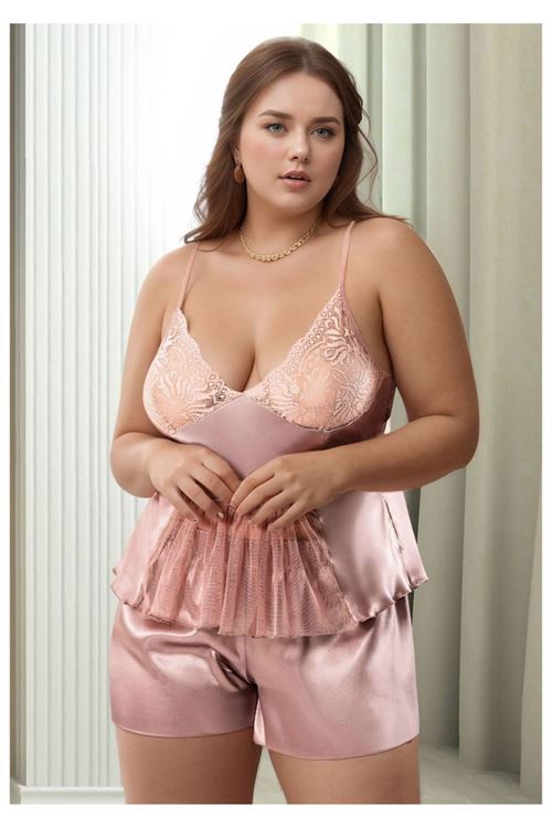 Kadın Büyük Beden Vizon Saten Şortlu Pijama Takımı Tüllü