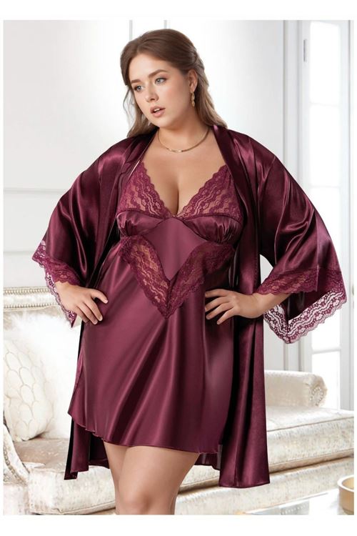 Büyük Beden Saten Gecelik Sabahlık Takımı - Mürdüm Dantel Detaylı 2'li Plus Size