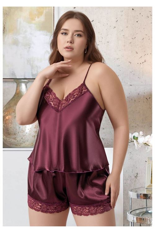 Kadın Büyük Beden Mürdüm Saten Şortlu Pijama Takımı Dantelli