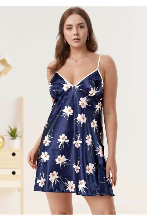 Kadın Büyük Beden Desenli Saten Gecelik - Lacivert Floral Plus Size Gecelik
