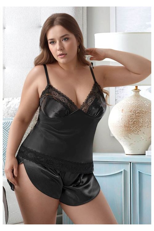 Kadın Büyük Beden Siyah Saten Şortlu Pijama Takımı Dantelli