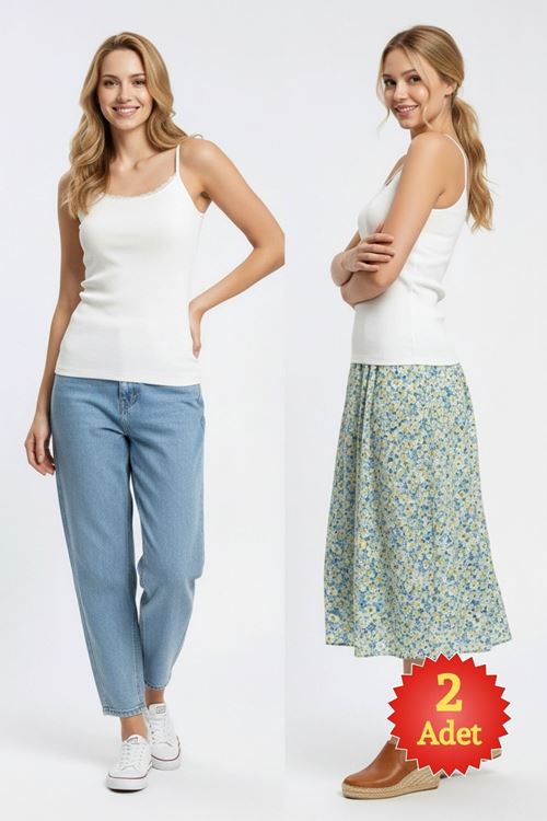 Kadın Ekru Rengi %100 Pamuk Kaşkorse Dantelli İnce Askılı Atlet 2'li Paket