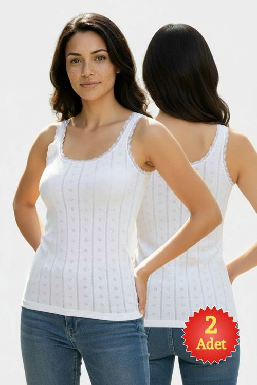 Kadın Ekru 2'li Paket %100 Pamuk Jakarlı Dantelli Kalın Askılı Atlet