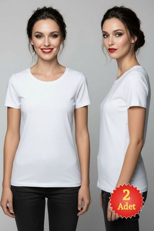 Kadın 2'li Paket Basic Kısa Kollu Bisiklet Yaka Pamuklu Likralı Esnek Tişört Seti