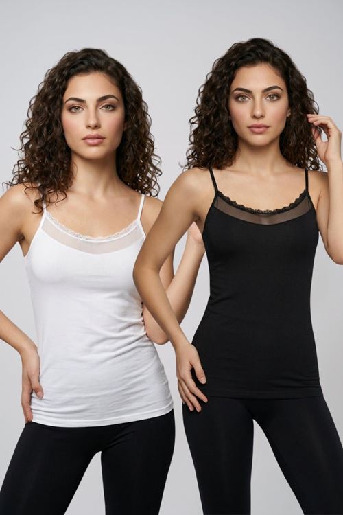 Kadın 2'li Paket Dantelli Tül Detaylı Pamuklu İp Askılı Atlet Seti Siyah Beyaz Renk Seçenekli Şık Günlük İç Giyim Esnek Rahat Kesim Penye Body M-L-XL Beden Uyumlu Kaliteli Yumuşak Kumaş