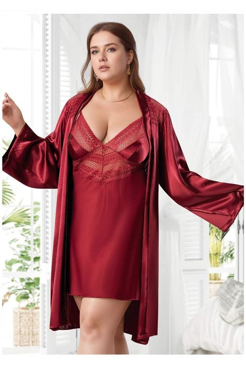 Büyük Beden Saten Gecelik Sabahlık Takımı - Bordo Dantel İşlemeli 2'li Plus Size Set