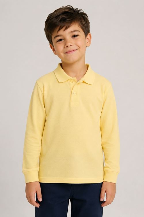 Unisex Çocuk Gri Melanj Uzun Kollu Polo Yaka Düz Basic Tişört