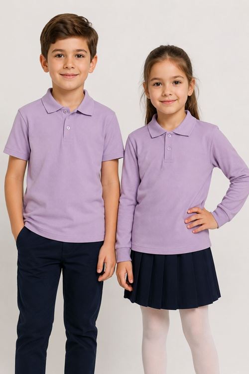 Çocuk Unisex Lila Renk 2'li Set Pamuklu Polo Yaka Düğmeli Tişört
