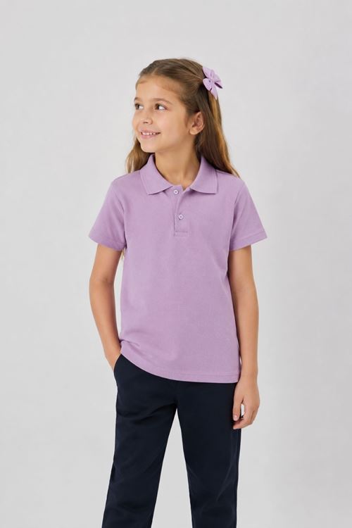 Unisex Kız Erkek Çocuk Lila Polo Yaka Düğmeli Kısa Tişört