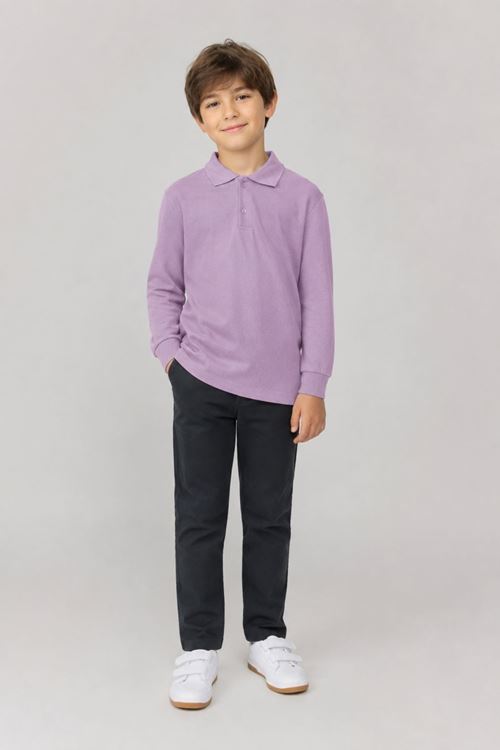 Unisex Çocuk Gri Melanj Uzun Kollu Polo Yaka Düz Renk Basic Tişört
