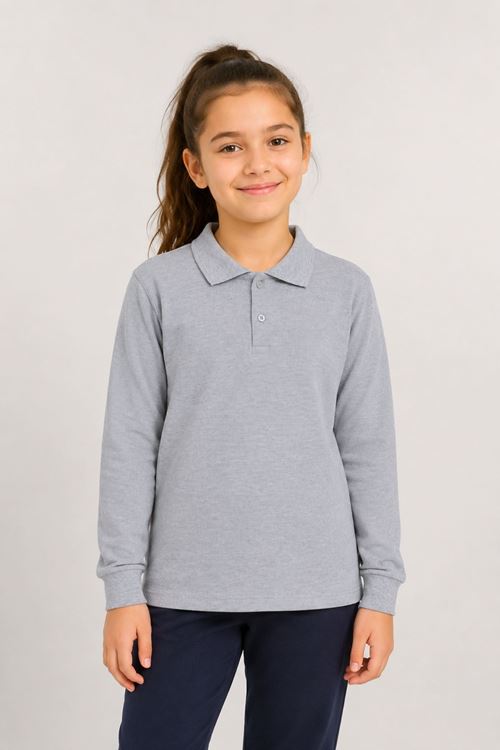 Unisex Çocuk Gri Melanj Uzun Kollu Polo Yaka Düz Basic Tişört