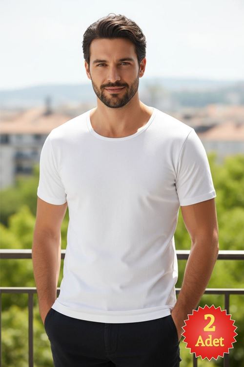 Erkek Beyaz %100 Pamuklu Süprem 2'li U Yaka Basic Tişört Seti
