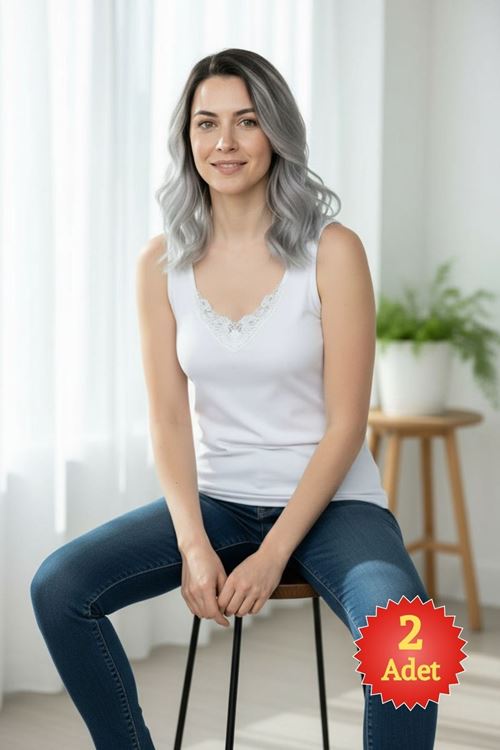 2'li Kadın Beyaz %100 Pamuklu Dantelli Kalın Askılı Ribana Atlet