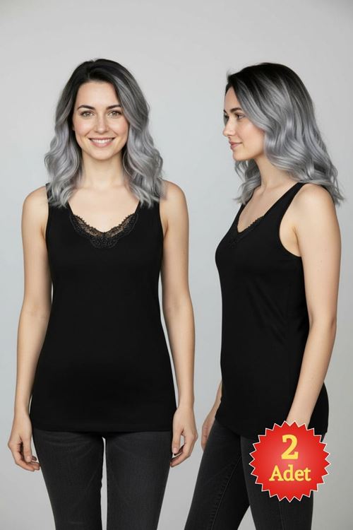 2'li Kadın Siyah %100 Pamuklu Dantelli Kalın Askılı Ribana Atlet