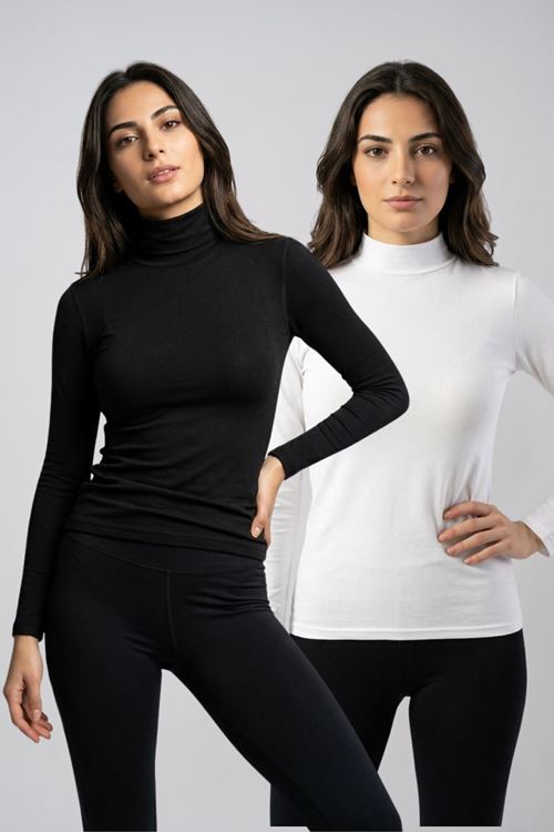 2'li Paket Kadın Pamuklu Dik Yaka Uzun Kollu Esnek T-Shirt